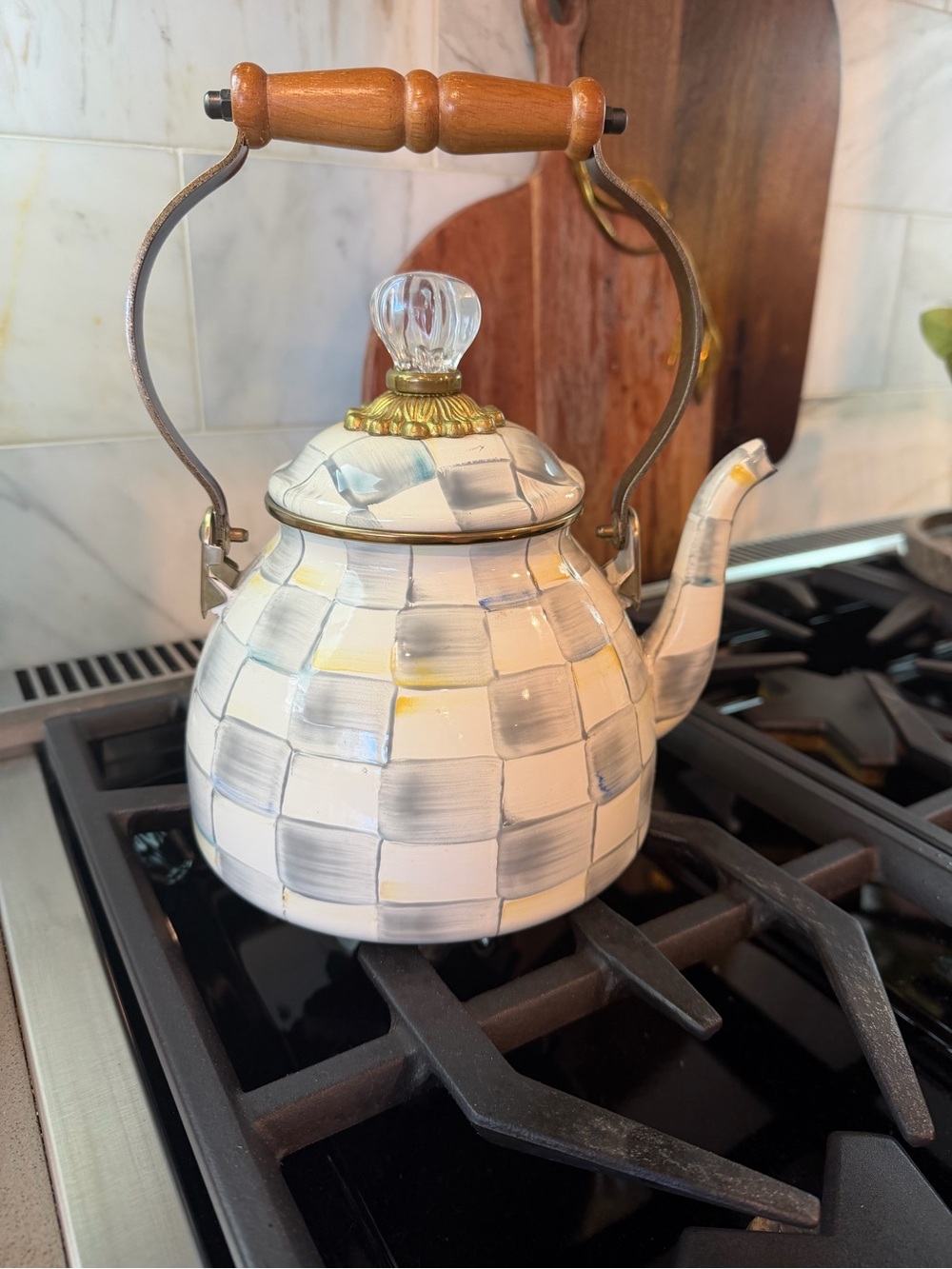 Mackenzie Childs  Checkered Ceramic Teapot with Wood Handle - silver/grey